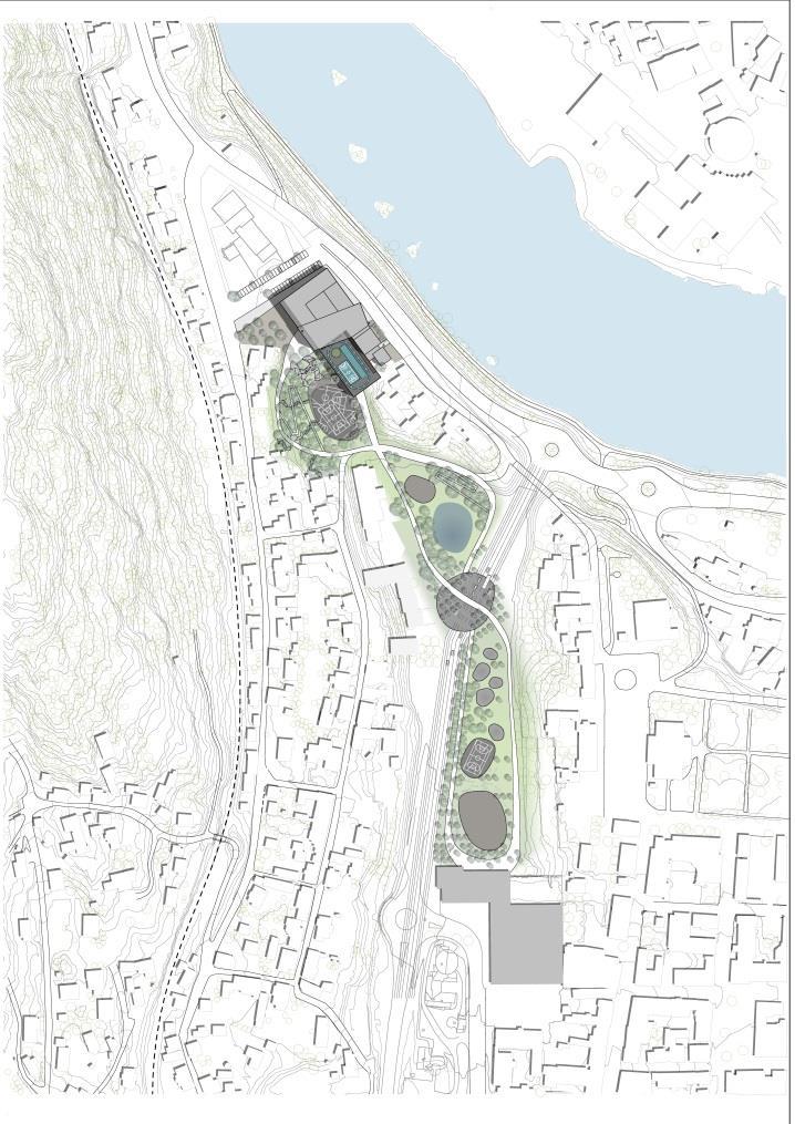 Figur 2 Utsnitt fra plantegning viser plassering av bygninger og grøntstrukturer ved ny Vestsiden ungdomsskole i Kongsberg kommune skaffet fra DRMA arkitekter.