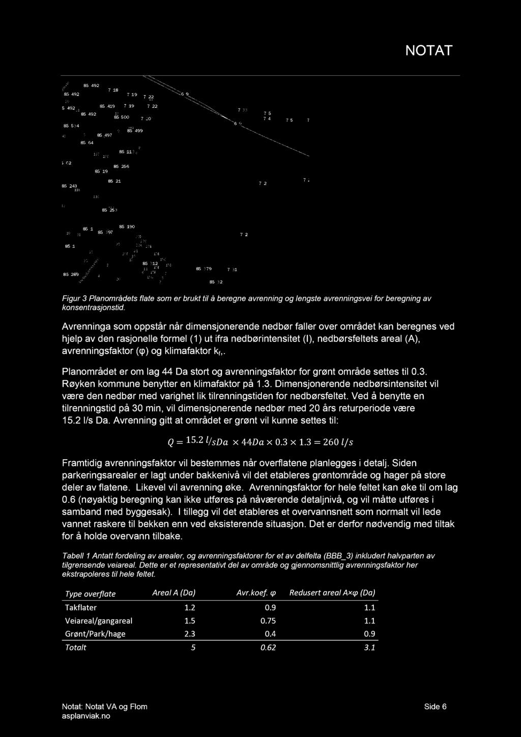 Figur 3 Planområdets flate som er brukt til å beregne avrenning og lengste avrenningsvei for beregning av konsentrasjonstid.