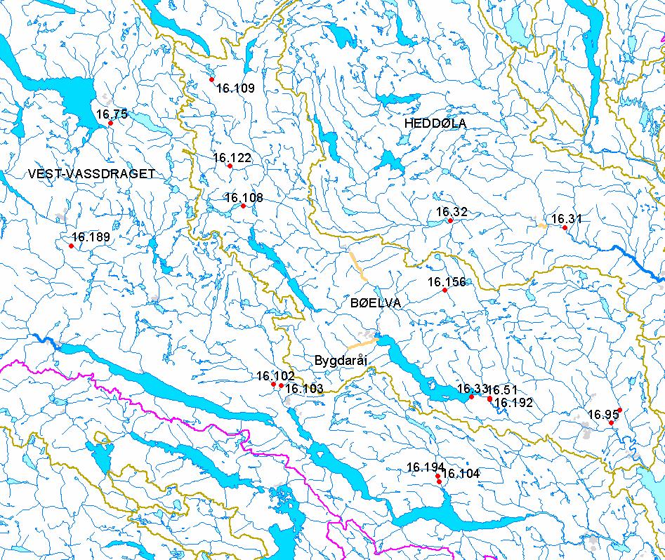 3. Hydrometriske stasjoner I kartet nedenfor (figur 5) er beliggenheten til avløpsstasjonene i Bøelva og noen av nabofeltene vist. Noen sentrale feltparametere for stasjonene er gitt i tabell 3. 16.