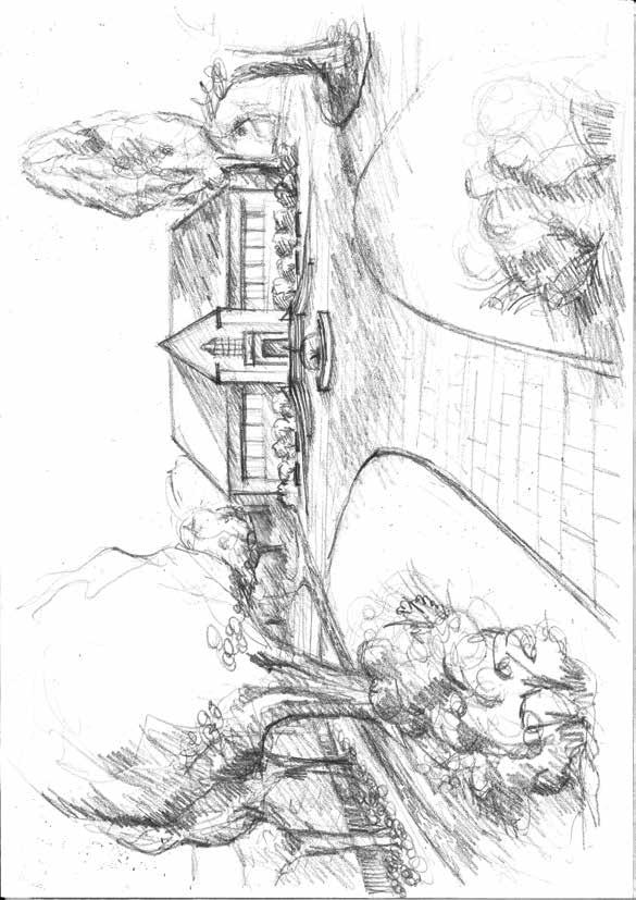 Illustrasjon: Hovedplassen med fontene sett fra adkomstveien i sør Fall på trinn: 1 cm Detalj 2: Trapp og rampe Hovedtrappen foran biblioteket er bygget opp dynamisk, med lyserød granitt som