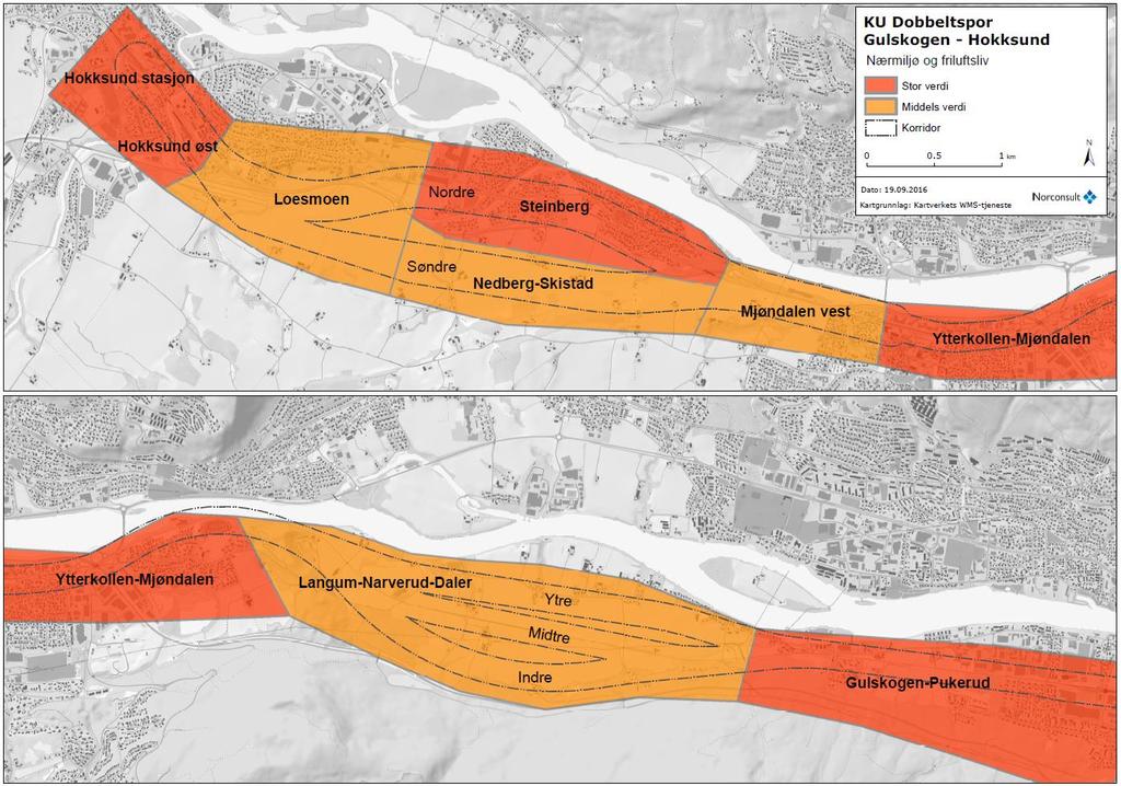 47 av 108 Figur 29: Verdikart for nærmiljø og friluftsliv på strekningene Mjøndalen (øverst) og Gulskogen Mjøndalen (nederst). Illustrasjon Norconsult.