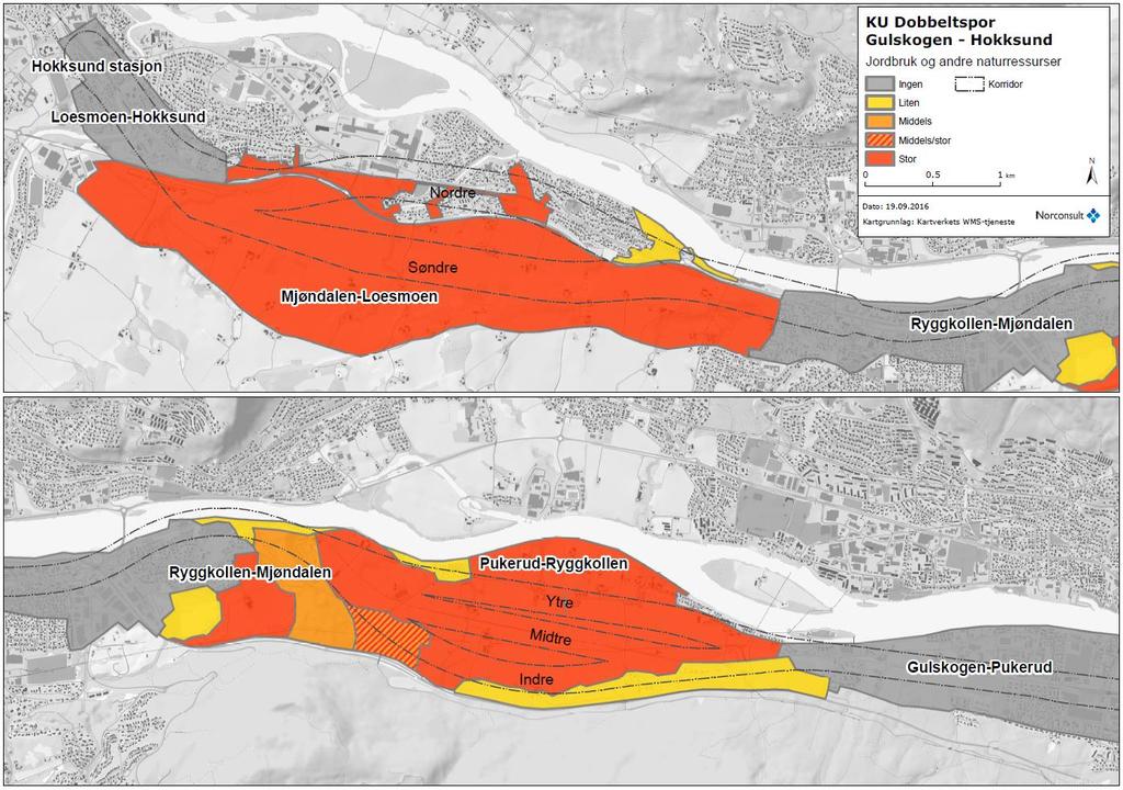 57 av 108 Figur 34: Verdikart for jordbruk og andre naturressurser på delstrekningene Mjøndalen (øverst) og Gulskogen Mjøndalen (nederst). Illustrasjon: Norconsult.