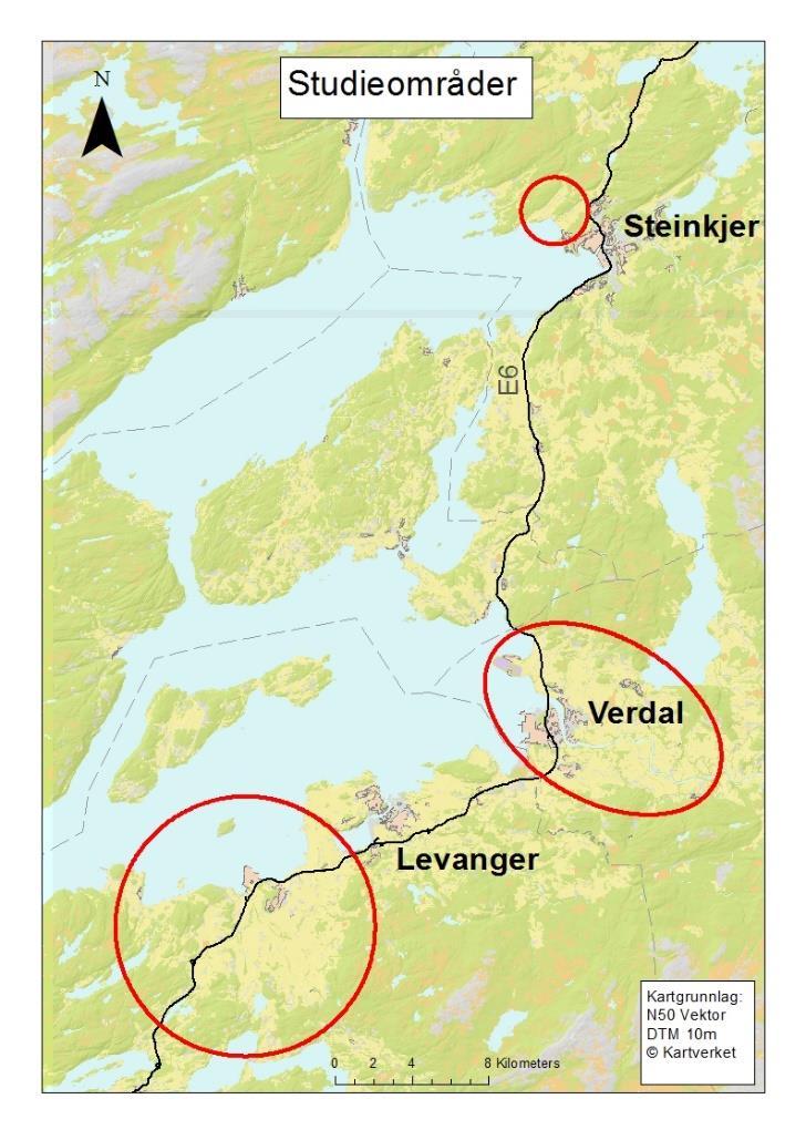 4 BESKRIVELSE AV STUDIEOMRÅDE OG DEL-CASER 4.1 LEVANGER Grunneierlaget «Innherred Grunneierlag for Felles Forvaltning av Gås» ble opprettet for 7 år siden og består nå av 72 medlemmer.