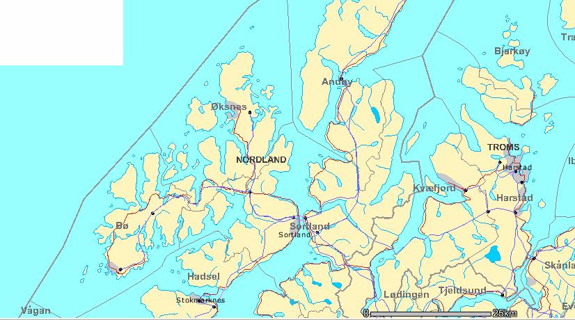 Figur 4.3 Kart over høyspentnettet Figur 4.3 viser kart over høyspentnettet. Høyspentnettet har en utstrekning på 858 km og har tilknyttet ca. 665 nettstasjoner.