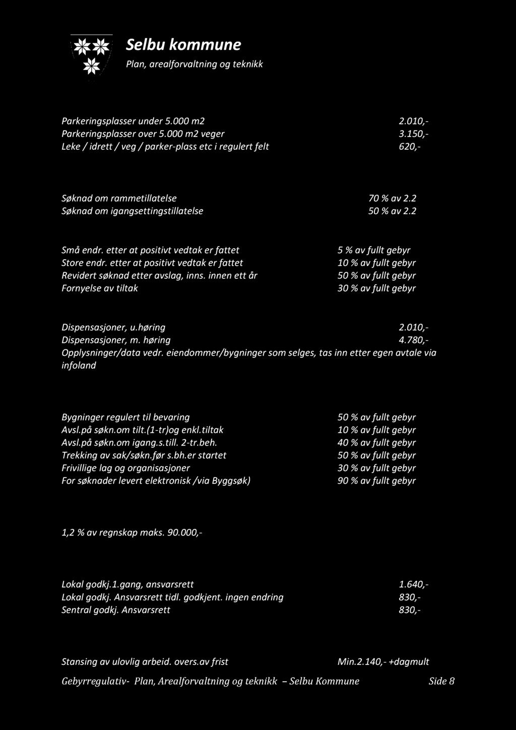 Anlegg av leke/idrett/veger og parkeringsplasser Parkeringsplasser under 5.000 m2 2.010,- Parkeringsplasser over 5.000 m2 veger 3.