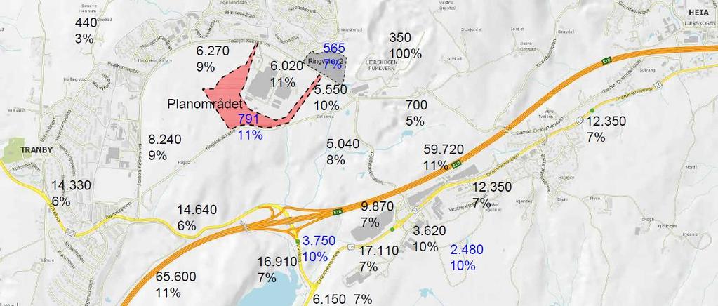 39 7 Alternativ 3 I alternativ 3 er lagt en høy generell trafikkvekst på 27 % ut over dagens trafikk; i tillegg kommer trafikkvekst pga. utbygging i influensområdet. Figur 40 viser ÅDT i alternativ 3.