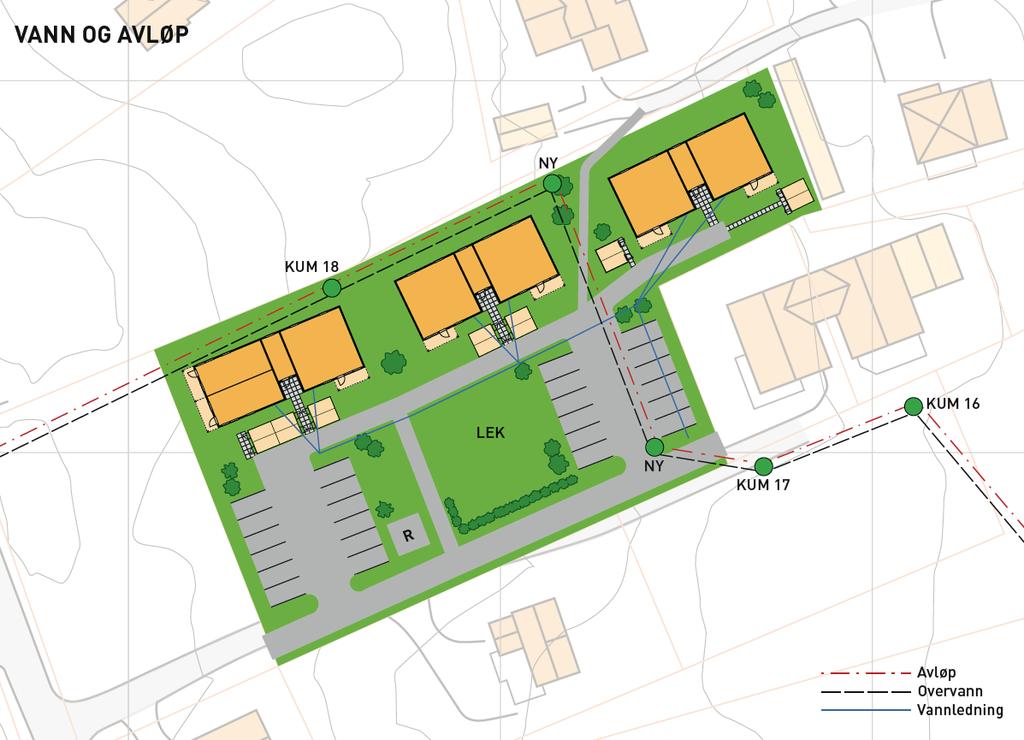 Universell utforming Området er forholdsvis flatt, og kan utformes etter prinsippene om universell utforming. Vann og avløp Vann, avløp og overvann skal kobles til kommunalt anlegg.