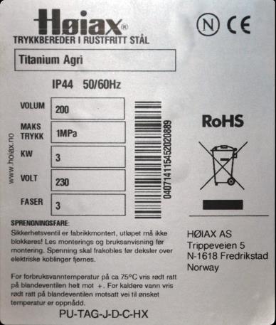 1.5 IDENTIFIKASJON OG MERKESKILT/SPORBARHET Merkeskiltet er plassert under det nederste el-lokket. Strek-koden sørger for sporbarhet i alle ledd i produksjonsprosessen.