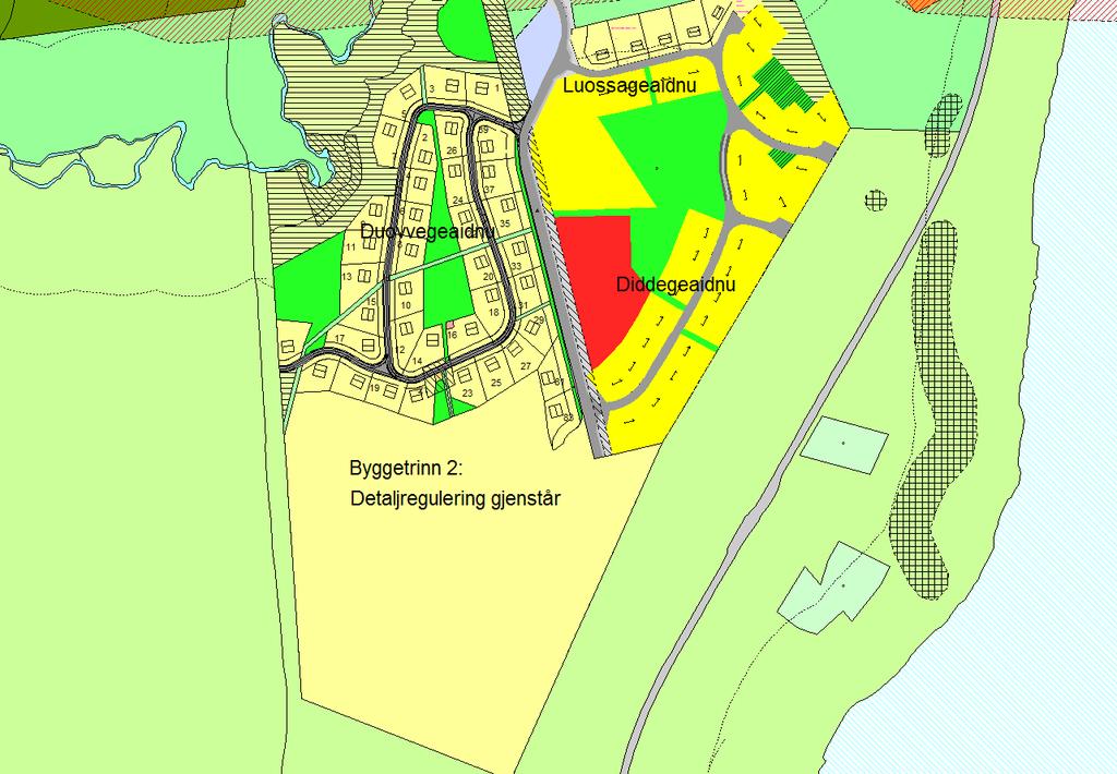 I Skisse 6: Sieiddájohguolbba boligfelt, med byggetrinn 2 markert med lys gul farge.