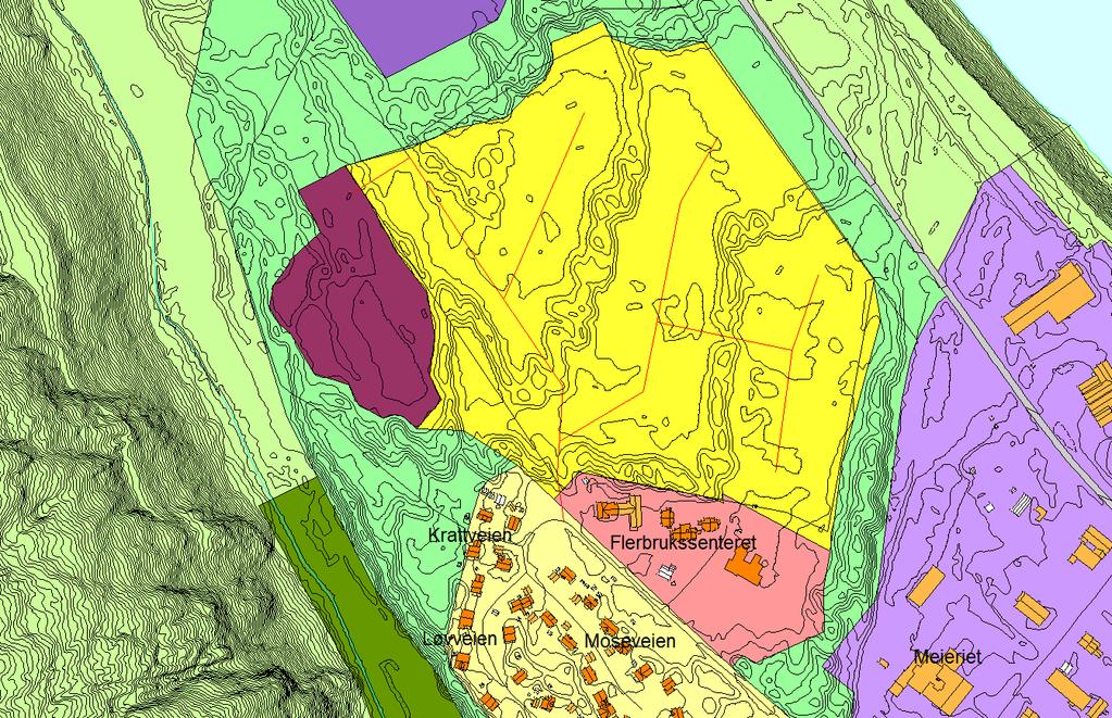 J Skisse 7: Framtidig boligfelt (J) nord for flerbrukssenteret markert med mørk gul farge. De røde strekene markerer mulige veitraseer, mens det mørke brunrøde området er framtidig gravlund.