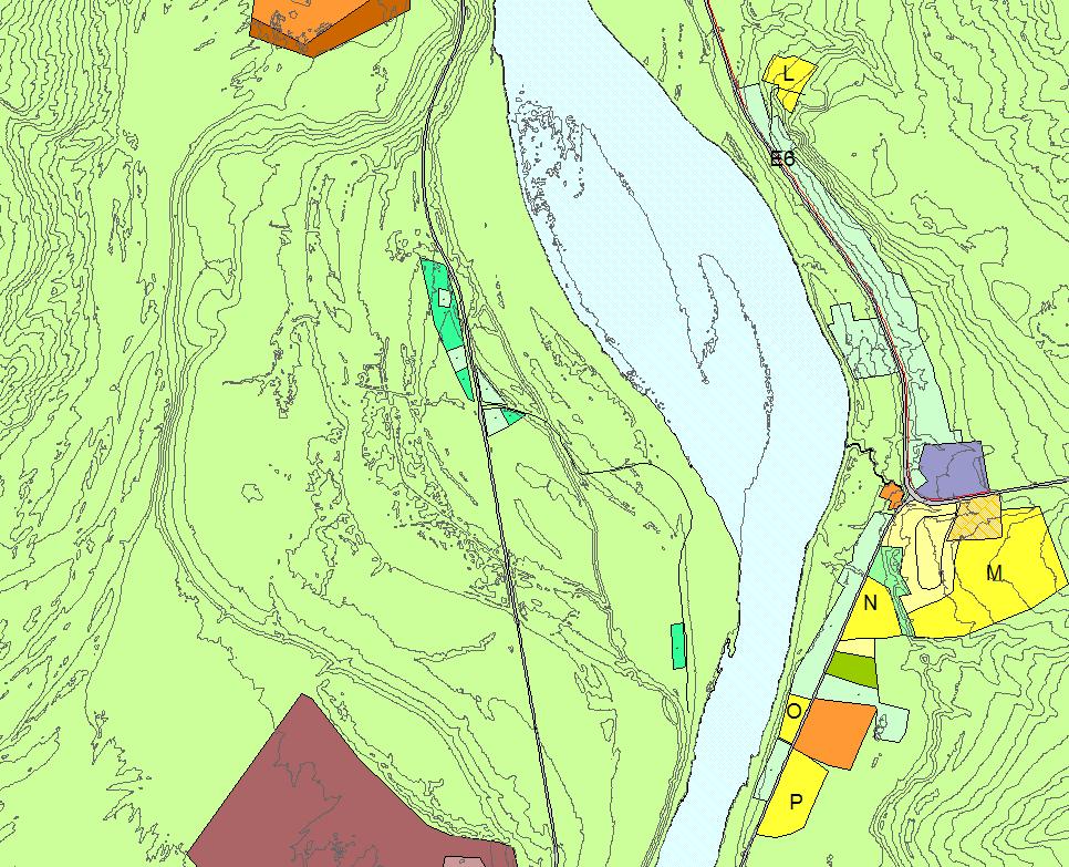 Skisse 9: Foreslåtte, framtidige utbyggingsområder i Skiippagurra markert med mørk gul farge. Områder med lys grønn farge er arealer der spredt boligbygging er tillatt.