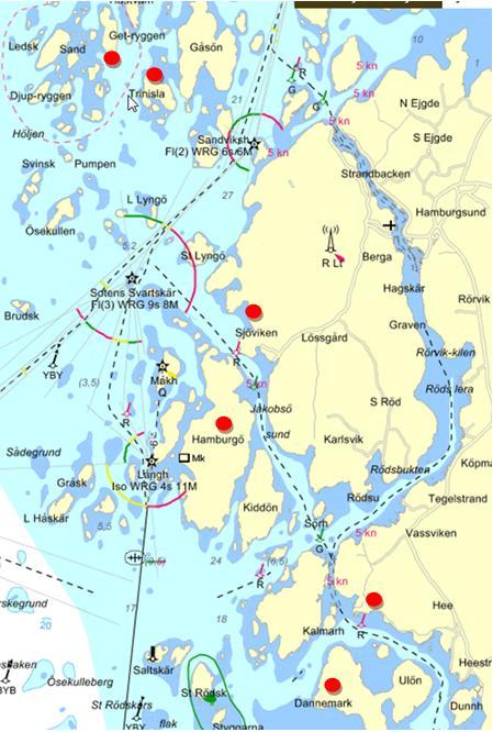 Dato posisjon Navn 14.03.2011 N 58 30,99 E 011 14,82 Hornö 14.03.2011 N 58 33,98 E 011 13,40 Trinisla 14.03.2011 N 58 30,56 E 011 15,57 Dannemark 14.03.2011 N 58 33 E 011 14,50 Bovik 14.03.2011 N 58 32,40 E 011 14,00 L.