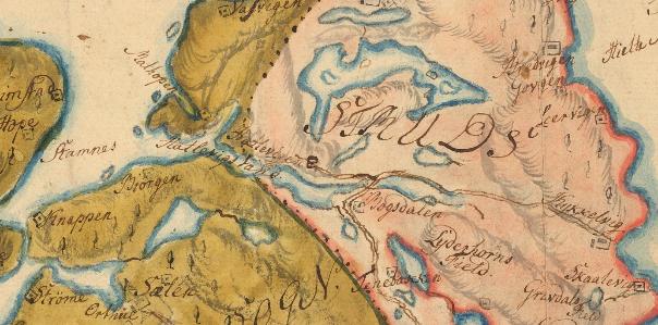 Kart fra 1772 der Bjørndalspollen er benevnt "Hatlevigsvand".