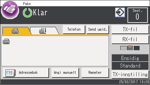 Faksmodusskjerm Faksmodusskjerm Denne delen gir informasjon om skjermen i faksmodus. Skjerm i hvilemodus 1 2 3 4 5 6 13 7 8 9 12 11 10 DUE314 1.