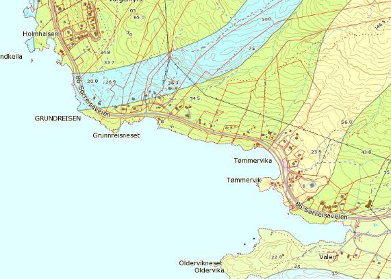 13 (24) Figur 5. NGUs berggrunnskart viser at planområdet er dominert av granatglimmerskifer-grønnfarge). Det er ellers et bånd av kalkspatmaror (blått) i nord. (Kilde NGU.