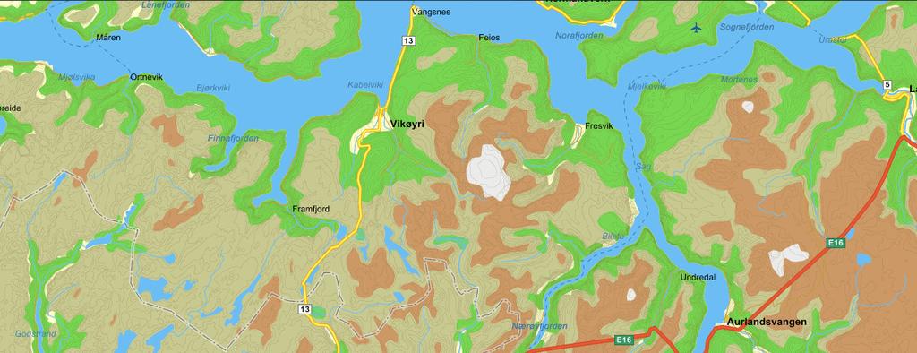 Figur 2 Kart med sentrale delar av Voss, Vik og Aurland kommunar. Kartet er henta frå kart.gulesider.no.