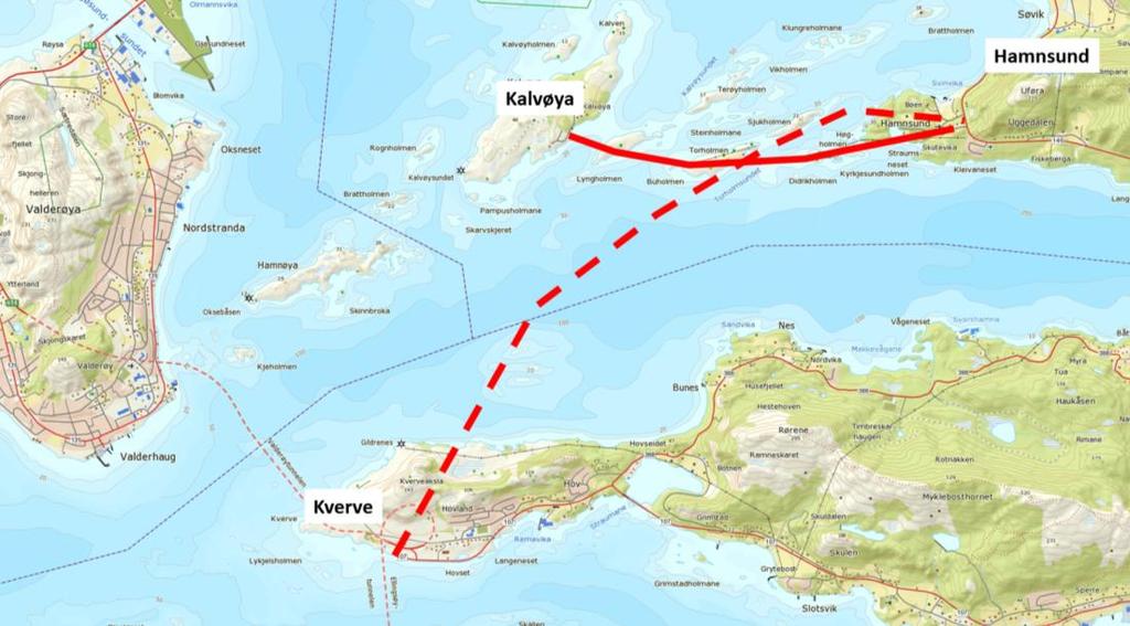 Figur 2. Alternativ E1B. E1A og E1B har identisk løysing for krysset på Kverve. Her vert det rundkøyring og mindre justeringar av eksisterande vegar.