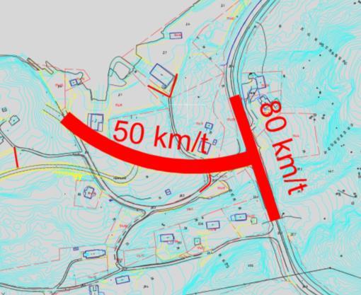 Fartsgrenser Hamnsund for E1A (venstre) og E1B (høgre) Fartsgrense lagt til grunn i berekning er vist med fargekode på veglinja i støysonekart (raud: 80 km/t, blå: