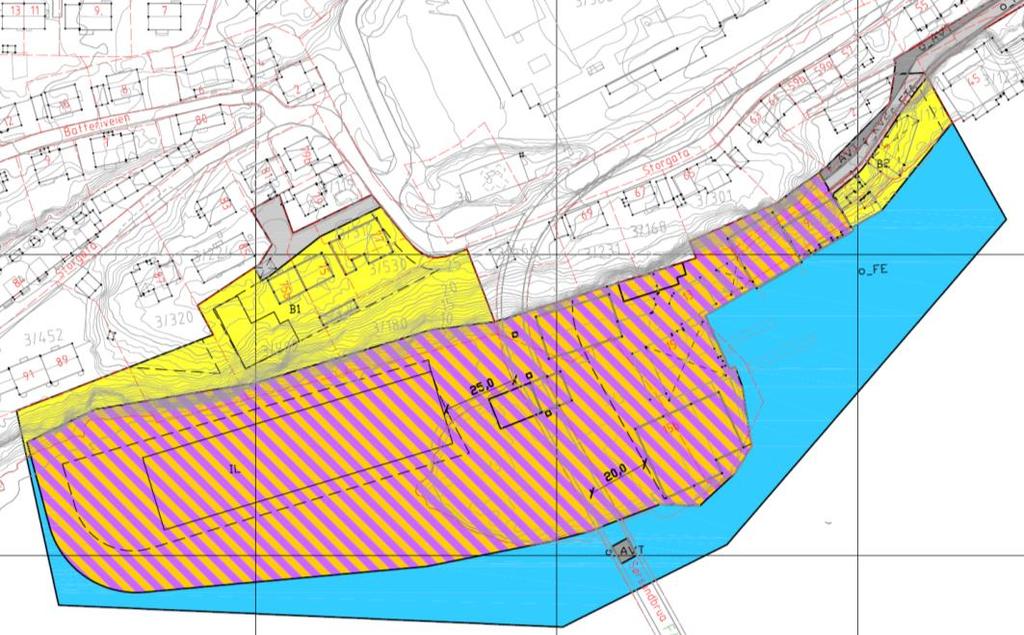 STØYVURDERING JEMAR / Figur : Utsnitt fra planlagt situasjon, mottatt fra oppdragsgiver. Boligområder vises i gul farge, industri er skravert. Forskrifter og grenseverdier.