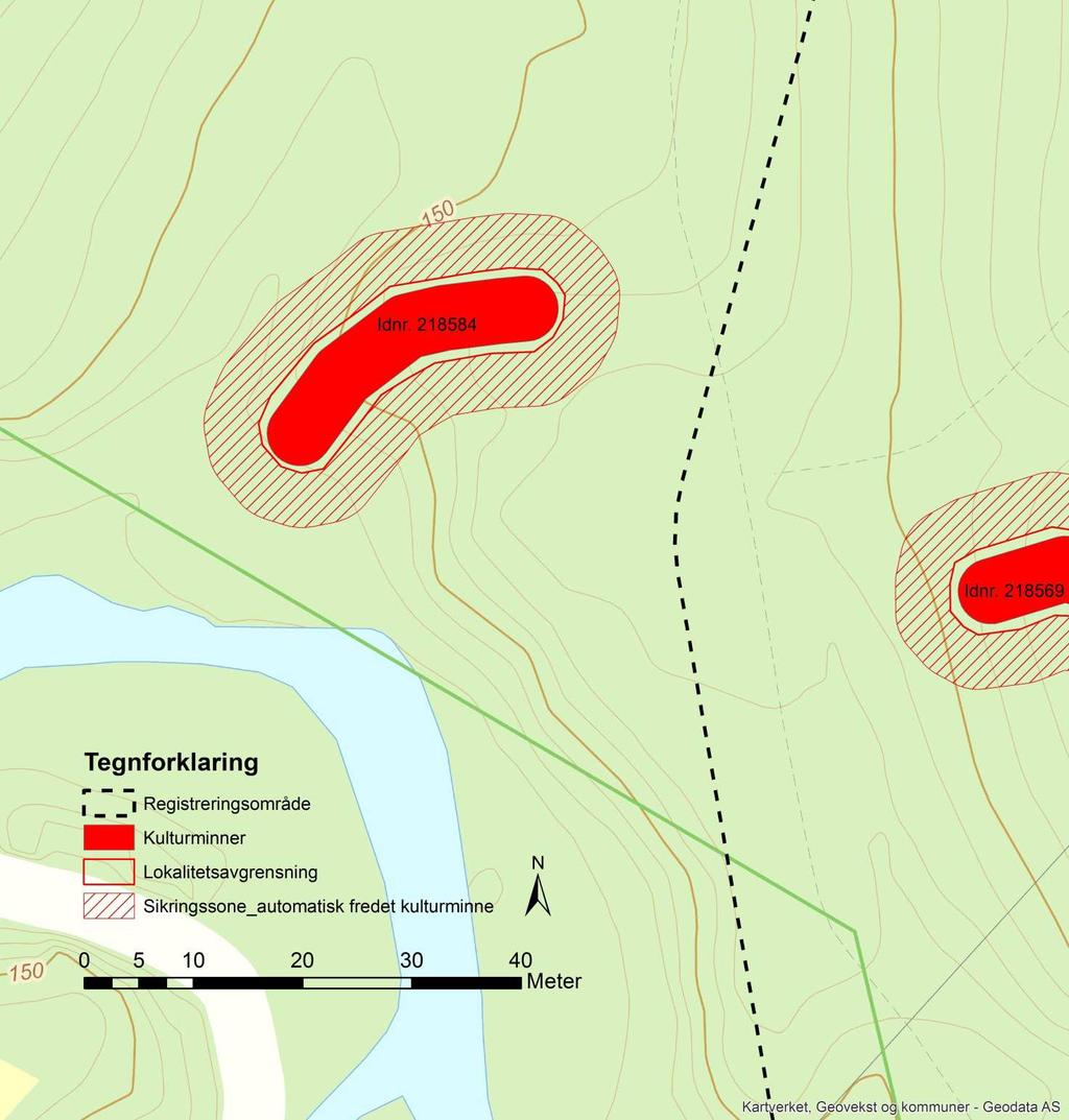 Kart 5: Oversikt av hulveiene med idnr. 218569 og 218584 markert med rødt. Idnr. 218584-1 Hulvei Mål: 25 meter lang i retning øst-vest, mellom 4-6 meter bred, 0,1-1 meter dyp.