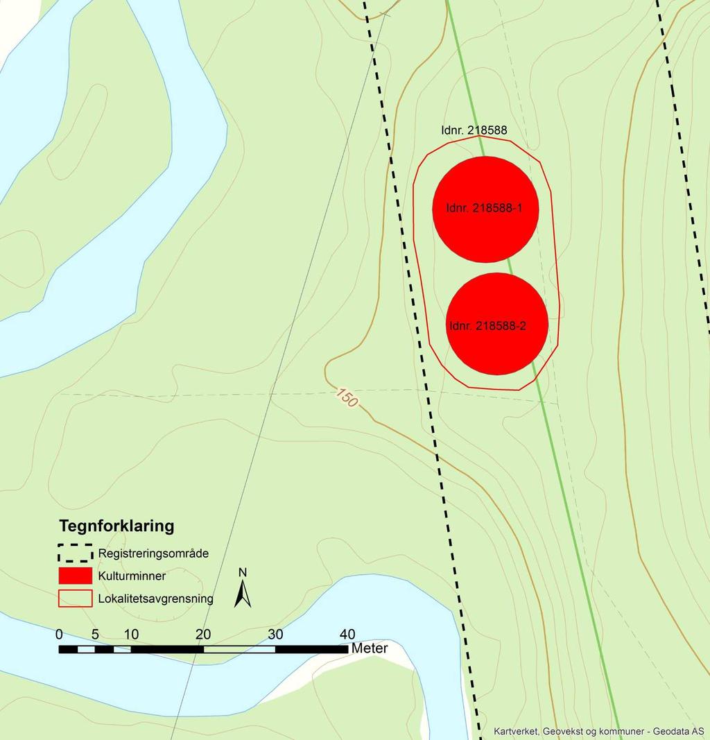 Kart 6: Oversiktskart over idnr. 218588 som er markert med rødt. Idnr. 218588-1 Kullmile Mål: 15 meter i diameter. Kullmilen er skadet i den østre kanten av en skogsvei.
