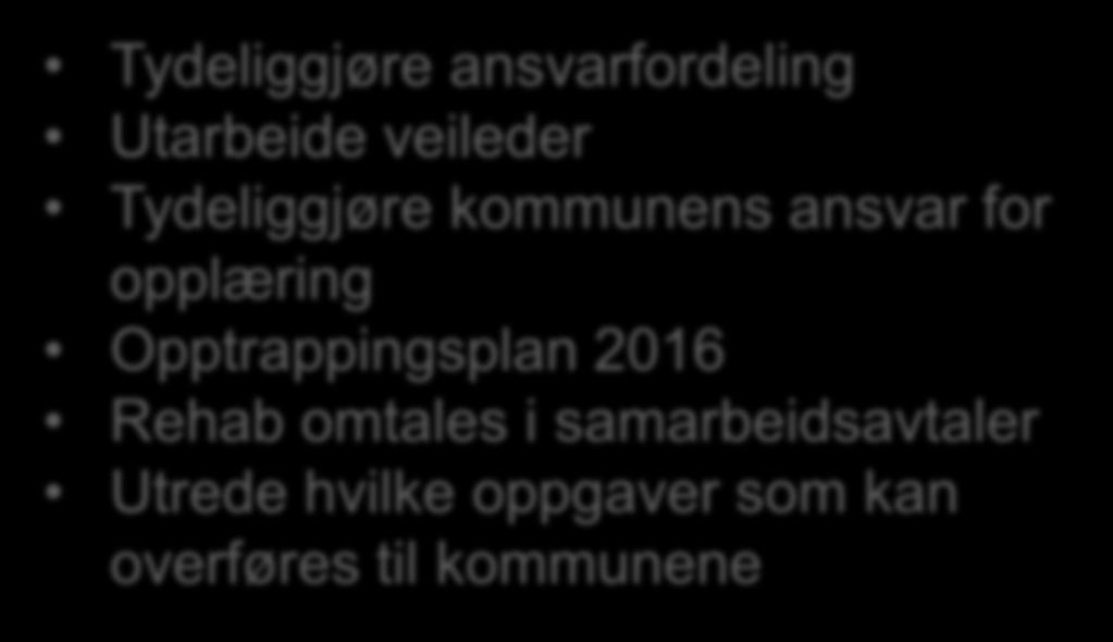 ansvarfordeling Utarbeide veileder Tydeliggjøre kommunens ansvar for opplæring Opptrappingsplan 2016 Rehab omtales i samarbeidsavtaler Utrede hvilke