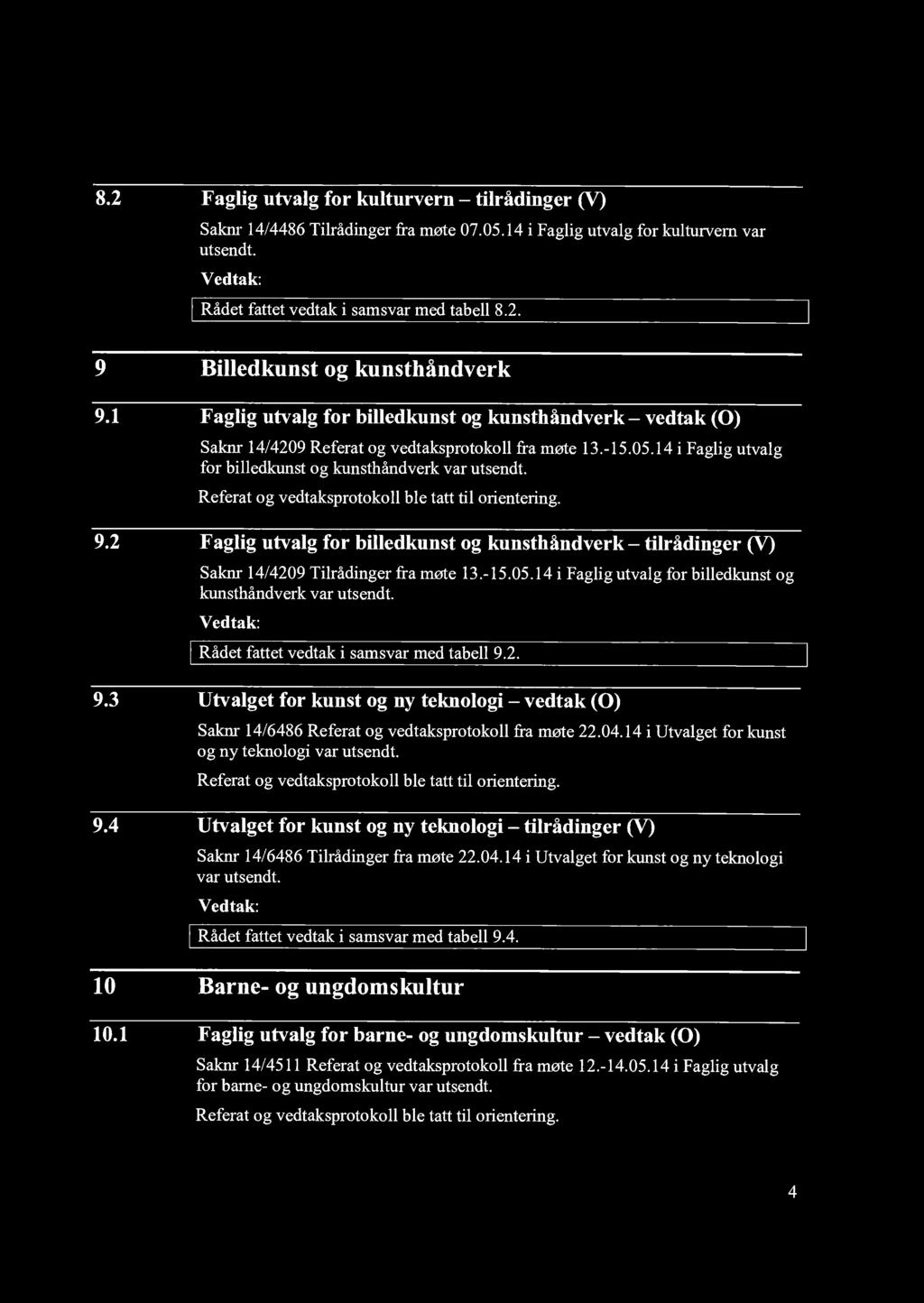 Referat og vedtaksprotokoll ble tatt til orientering. 9.2 Faglig utvalg for billedkunst og kunsthåndverk tilrådinger (V) Saknr 14/4209 Tilrådinger fra møte 13.-15.05.