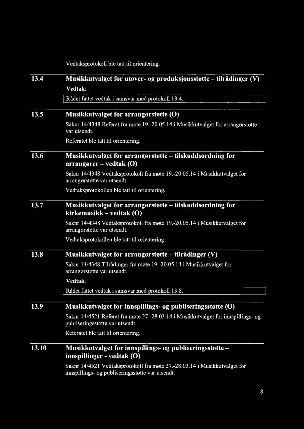 6 Musikkutvalget for arrangørstøtte tilskuddsordning for arrangører vedtak (0) Saknr 14/4348 Vedtaksprotokoll fra møte 19.-20.05.14 i Musikkutvalget for arrangørstøtte var utsendt.