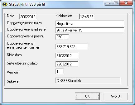 side 9 Dagens dato og klokkeslett kommer automatisk. Oppgavegiverens navn hentes fra firmaopplysningene. Dersom du sender inn lønnsstatistikk for et annet firma, dvs. du driver f.eks.