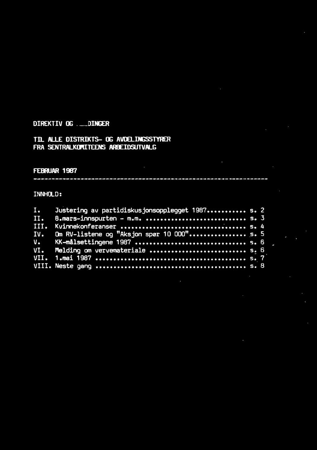 Justering av partidiskusjonsopplegget 1987 s. 2 8.mars-innspurten- m.m. s. 3 Kvinnekonferanser s.