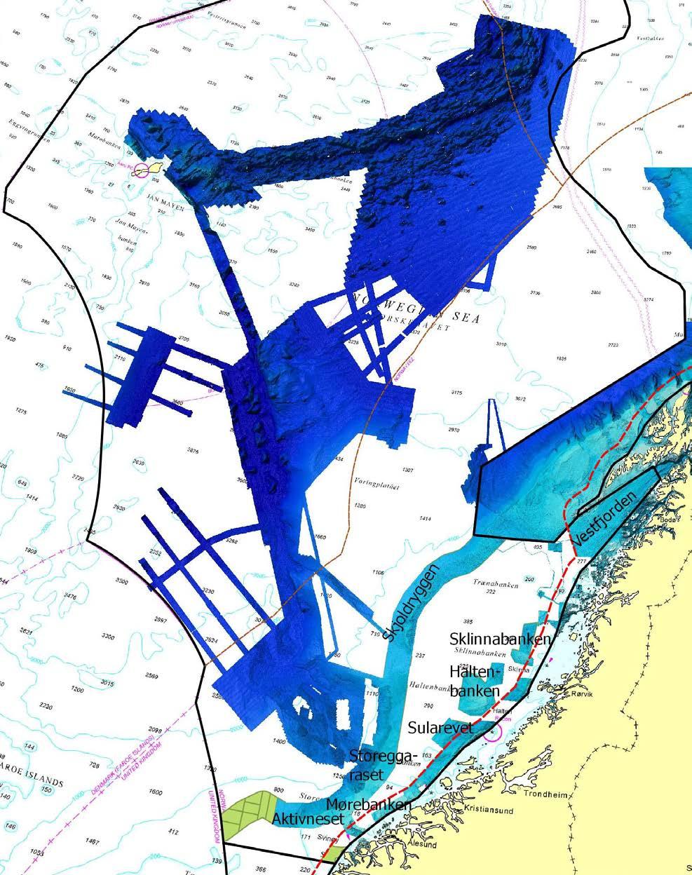 Batymetri - havbunnstopografi Arealdekkende kartlegging med multistråle-ekkolodd fra overflatefartøy Sjømåling i regi av MAREANO og data fra andre kilder: Forsvaret, Oljedirektoratet, Kartverket,