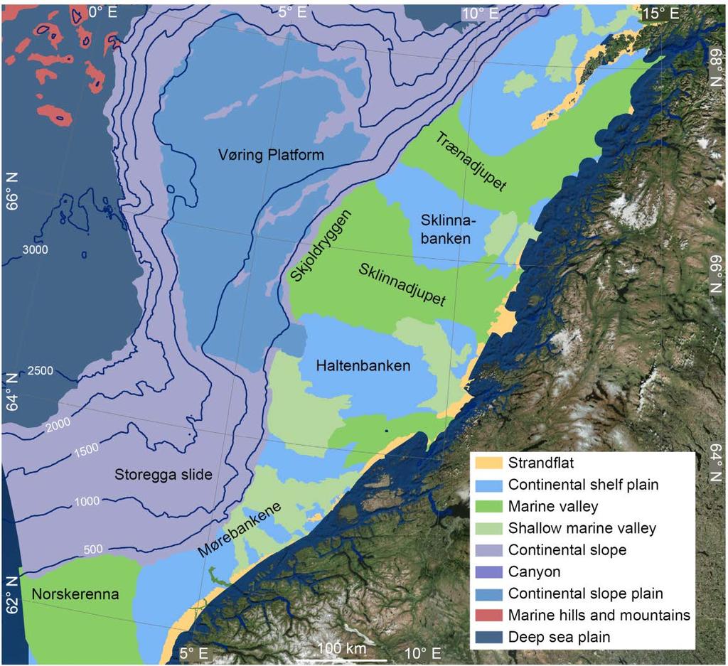 Landskap Variert landskap Geologiske prosesser former landskapet på havbunnen Landskapstyper: - Marine daler og banker på sokkelen -