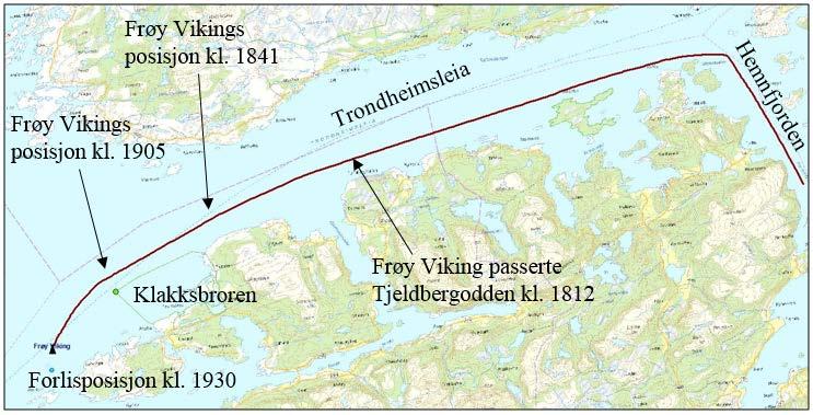 Statens havarikommisjon for transport Side 7 Frøy Viking fulgte det søndre landet i Trondheimsleia og passerte Tjellbergodden kl. 1812. Frem til ca. kl. 1800 hadde de vind og bølger «med» seg.