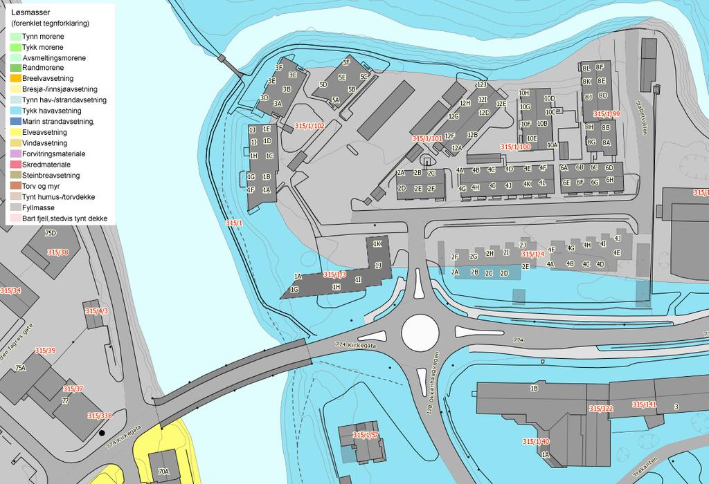 3.6 GEOTEKNISKE FORHOLD Kartutsnitt fra NGU sien nettsider NGU sine kartdata viser at området består av tykk marin avsetning og fyllmasse.