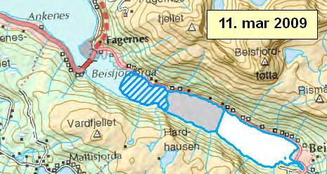 4 3 4 3 2 1 4 3 Islagt fjord, uten snø Islagt fjord, med overvann Islagt fjord, snødekt Fig. 10 Iskart som viser isdekningen i Beisfjorden i perioden 28.