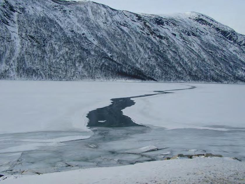 Fig. 13 Vanntemperatur og saltholdighet i Beisfjorden i de øverste 20 m ved sommermålingen 3. juni 2009. Punktnumrene 1-4 er de samme som på kartet i figur 10. Fig. 14 Is på Beisfjorden 11.