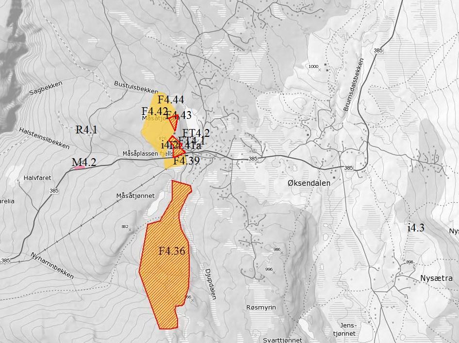 Måsåplassen - Øksendalen: Rådmannen anbefaler at følgende områder videreføres til 3. gangs høring, med reduksjon som beskrevet: F4.39 F4.40 F4.