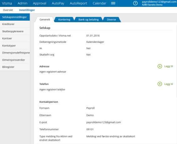Oppsett av firma Selskapsinnstillinger Employees / Innstillinger / Selskapsinnstillinger Når firmaet er opprettet i Visma.
