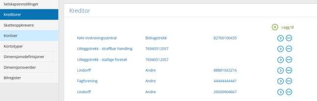 Kreditorer Employees / Innstillinger / Kreditorer Ved oppstart av systemet, ligger det allerede inne en liste med tre forhåndsdefinerte kreditorer: NAV Innkrevingssentral, Utleggstrekk straffbar