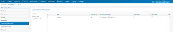 Dimensjoner Employees / Innstillinger / Dimensjonsdefinisjoner Dimensjonsdefinisjoner er det samme som type kostnadsbærere, f.eks. Avdeling og Prosjekt.