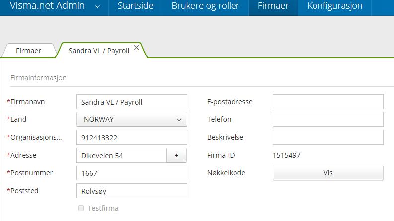 Admin / Firmaer Når TOS er akseptert, må du først opprette en bedrift, før du kan gå i gang med oppsettet av løsningen. Gå til Admin / Firmaer.