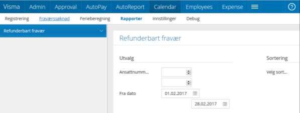 Fraværsrapporter Calendar / Rapport Det er kun en rapport tilgjengelig for utskrift for HRM løsningen; «Refunderbart fravær». Flere utskiftbare rapporter vil komme i senere versjoner.