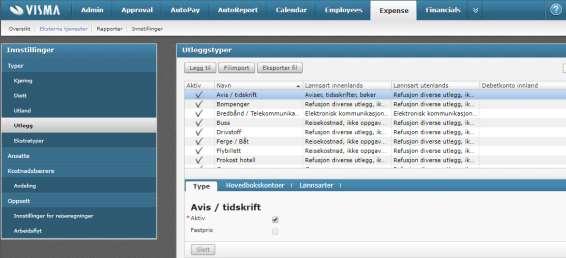 Kobling av lønnsarter til bilagstypene Expense / Innstillinger / Typer Alle typer i Expense ligger forhåndsdefinert med en lønnsart