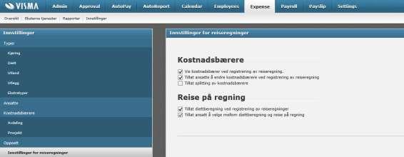 Innstillinger for reiseregninger Expense / Innstillinger / Innstillinger for reiseregninger Innstillinger for