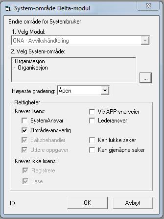 Rettigheter i Delta modulene Rettighetsnivå Organisasjons-strukturen Lese Har leserettighet til alle saker som er plassert under den