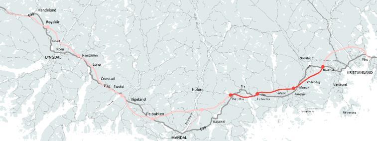 E39 Kristiansand- vest-lyngdal vest (62 km) Utarbeidelse av kontraktstrategi gjennomført av våren 2017 3 eller 4 kontrakter Godkjenning av styret til å gå ut i markedet med de to første kontraktene