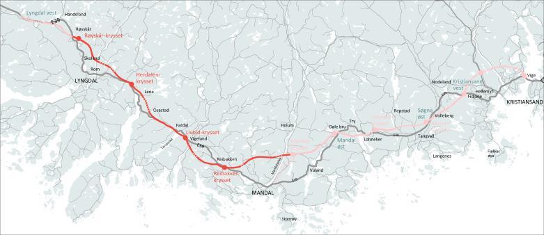 E39 Kristiansand- vest-lyngdal vest (62 km) Mandalselva-Lyngdal vest: 1 eller 2 kontrakter Håper på å gå ut i markedet des