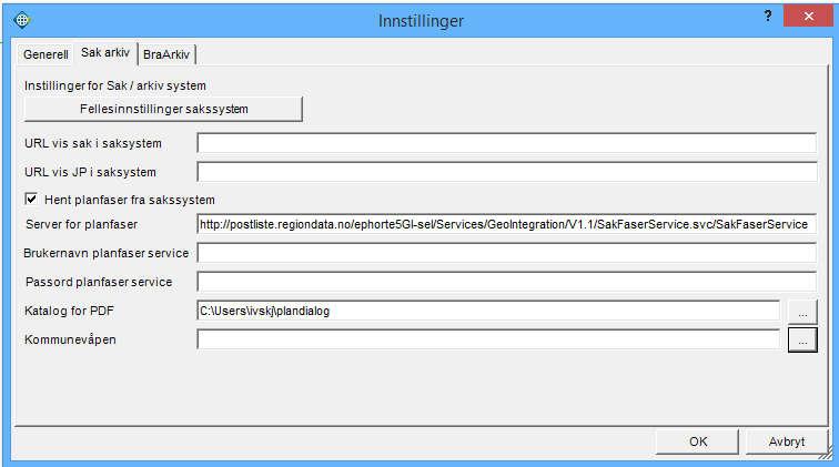 Innstillinger for PlanDialog i ISY WinMap - Sak/arkiv Innstillinger for å kommunisere med sak-/arkivsystemets Geointegrasjon webservice og Plandialog webservice (for planfaser).