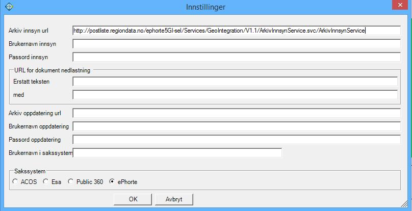 Innstillinger for PlanDialog i ISY WinMap - Sak/arkiv Innstillinger