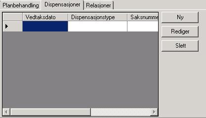 Planregister - dispensasjoner Arkfanen Dispensasjoner i Rediger plan brukes for å registrere dispensasjoner fra planen.